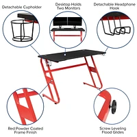 Bureau ergonomique de jeu rouge avec porte-gobelet et crochet pour casque