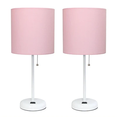 LimeLights White Stick Lamp with Charging Outlet and Fabric Shade 2 Pack Set