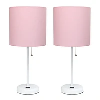 LimeLights White Stick Lamp with Charging Outlet and Fabric Shade 2 Pack Set