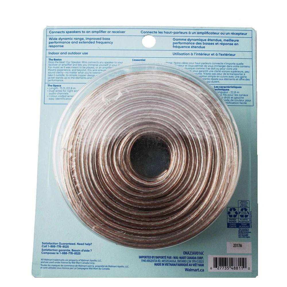 onn. 75 FT./22.8 m Indoor Outdoor Speaker Wire, Superior Sound Clarity