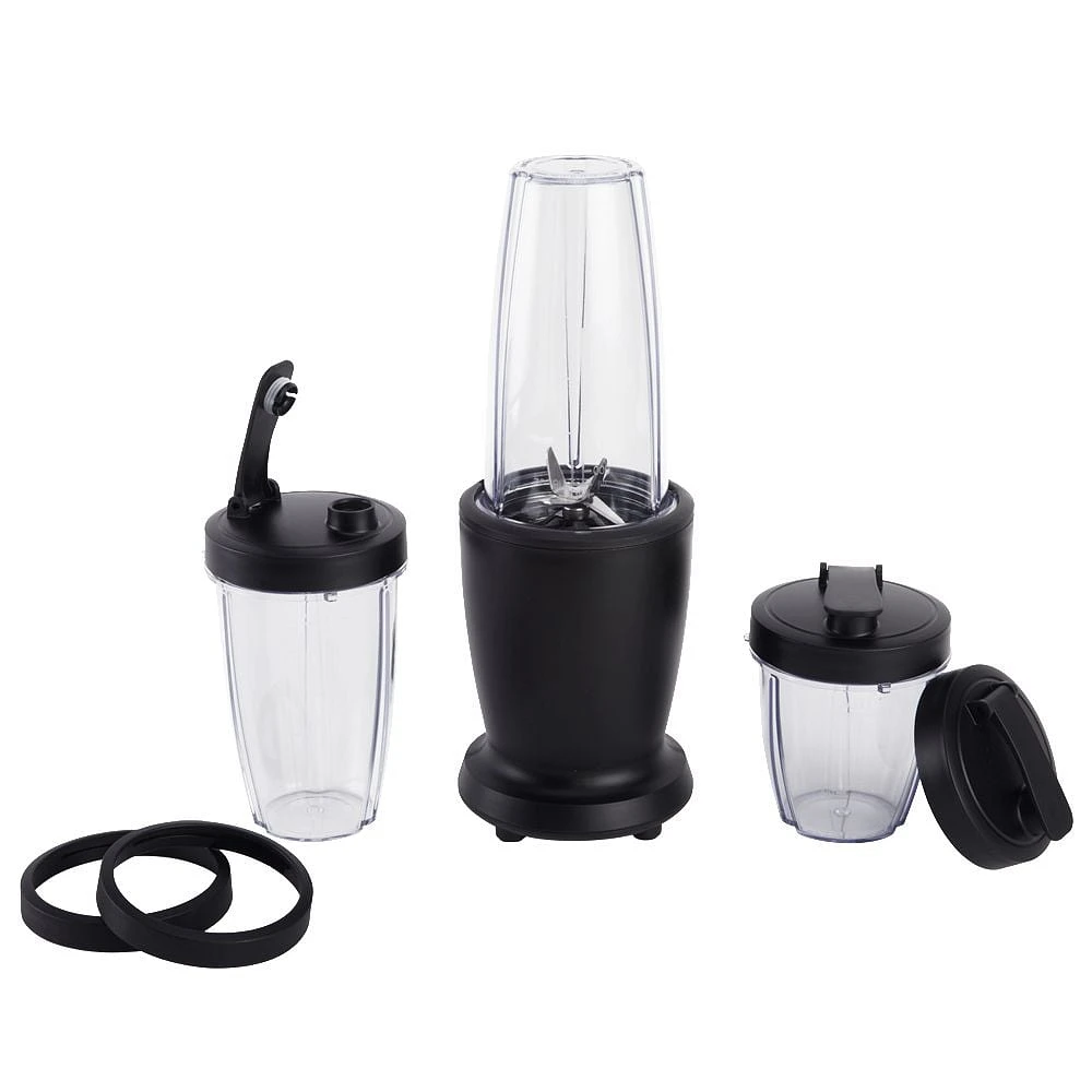 Ensemble de mixeur Mainstays de 10 pièces, noir, 300 W, avec 3 pots (10 onces, 16 onces, 18 onces), 2 couvercles à boire, lame en acier inoxydable