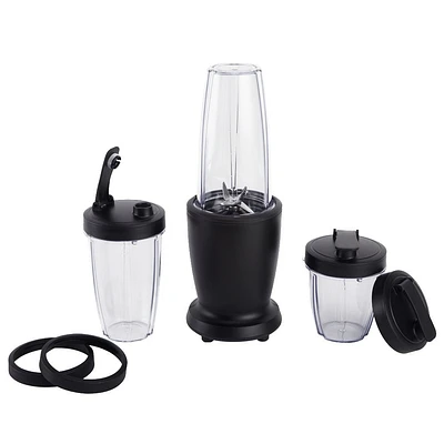 Ensemble de mixeur Mainstays de 10 pièces, noir, 300 W, avec 3 pots (10 onces, 16 onces, 18 onces), 2 couvercles à boire, lame en acier inoxydable