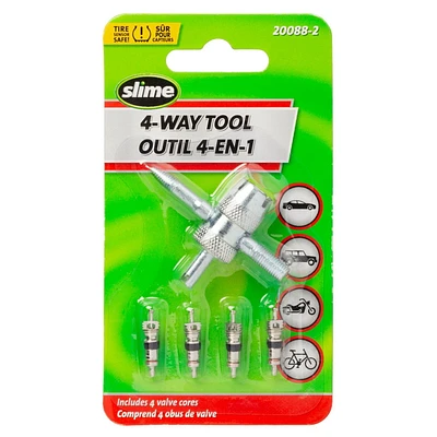 Outil à 4 utilités pour valves de pneus de Slime avec 4 valves de pneus