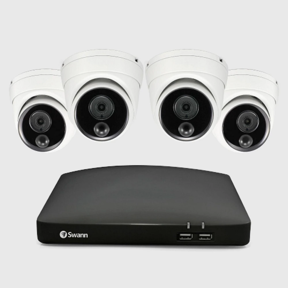 Système de sécurité Swann DVR MicroSD 1080p 4 canaux 64 Go avec 4 caméras Bullet à détection de chaleur et de mouvement - Blanc