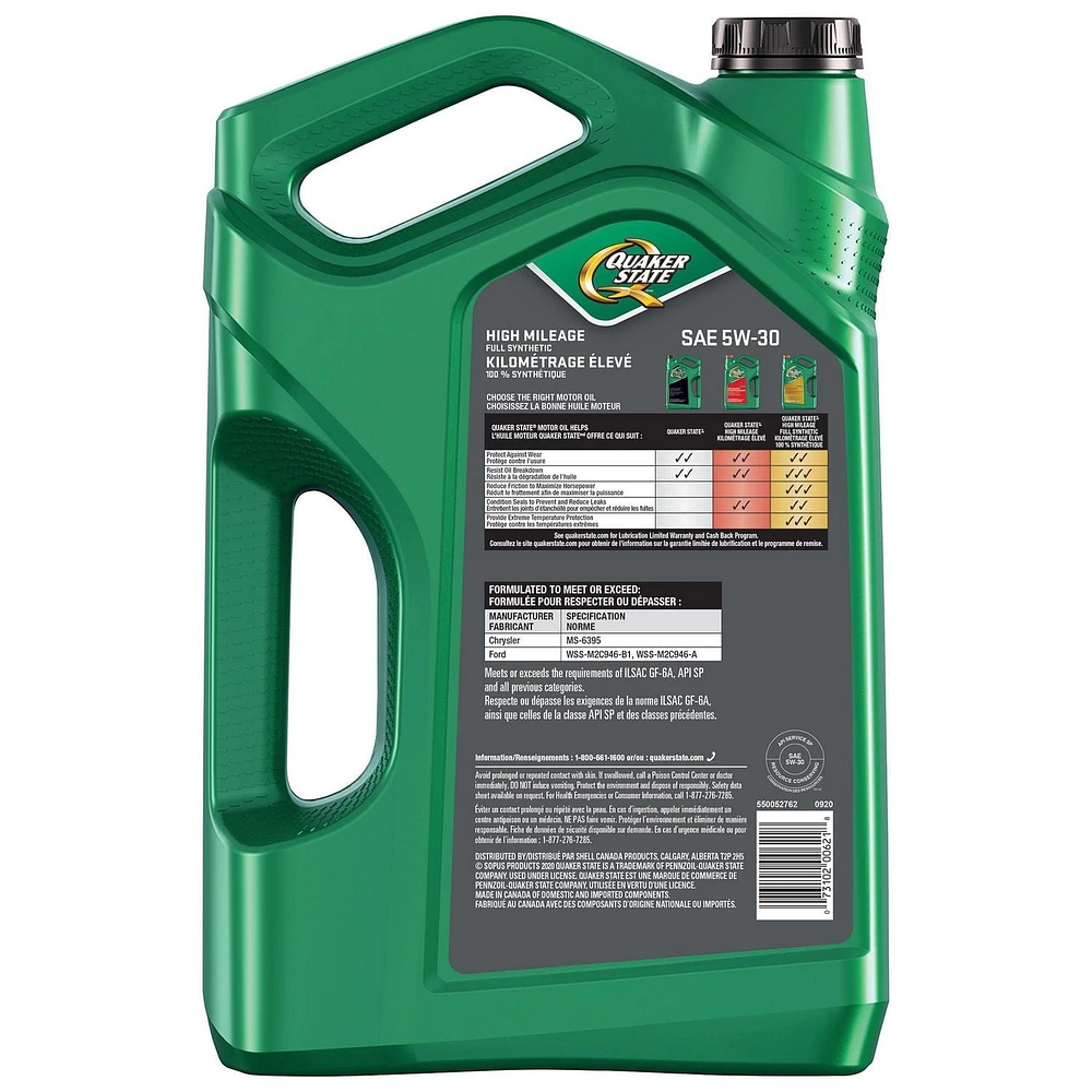 Huile moteur Quaker State Kilométrage élevé 100 % synthétique SAE 5W-30