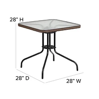 28'' Square Tempered Glass Metal Table with Black Rattan Edging