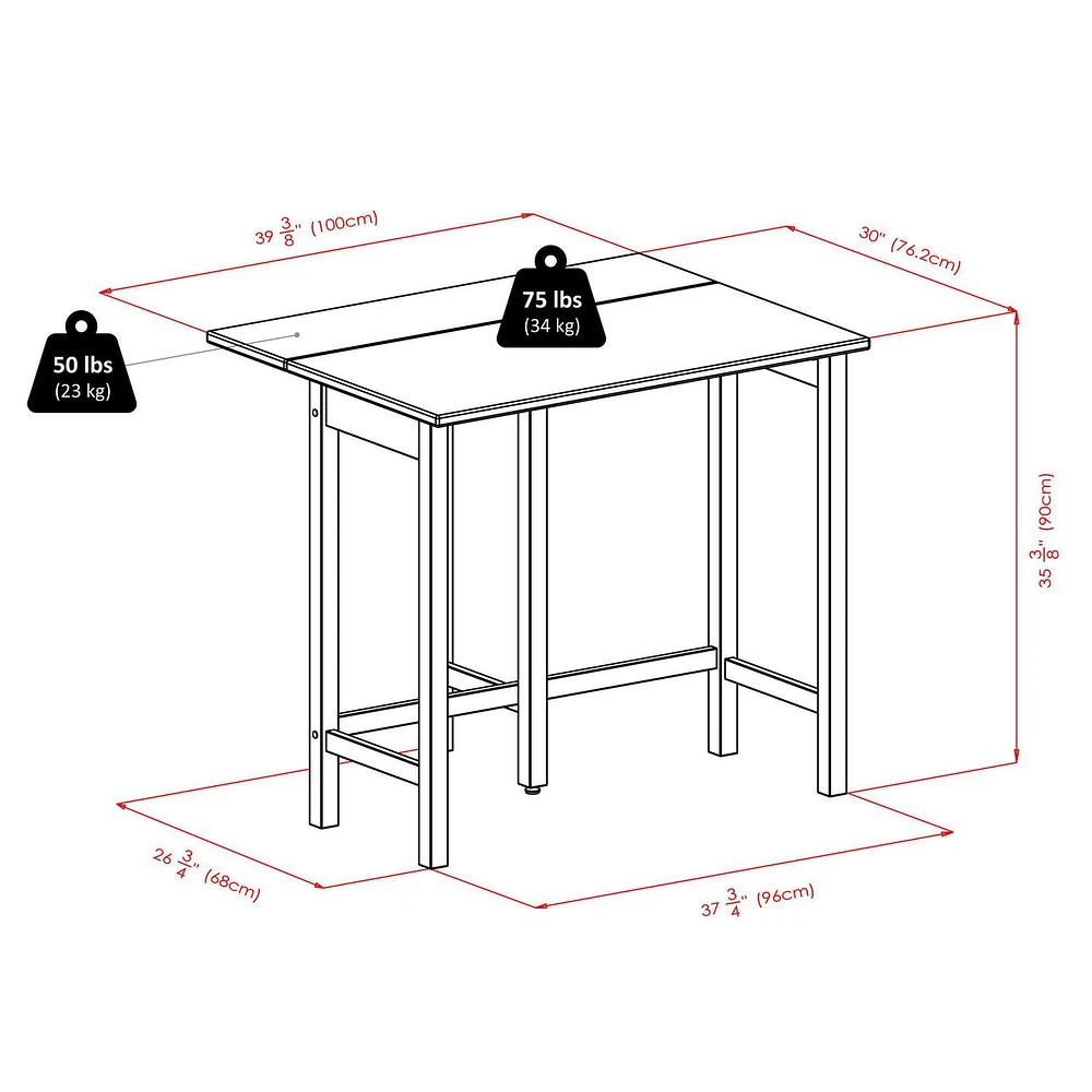 Table ilot Lynnwood à abattant avec 2 tabourets à pieds carrés en noyer
