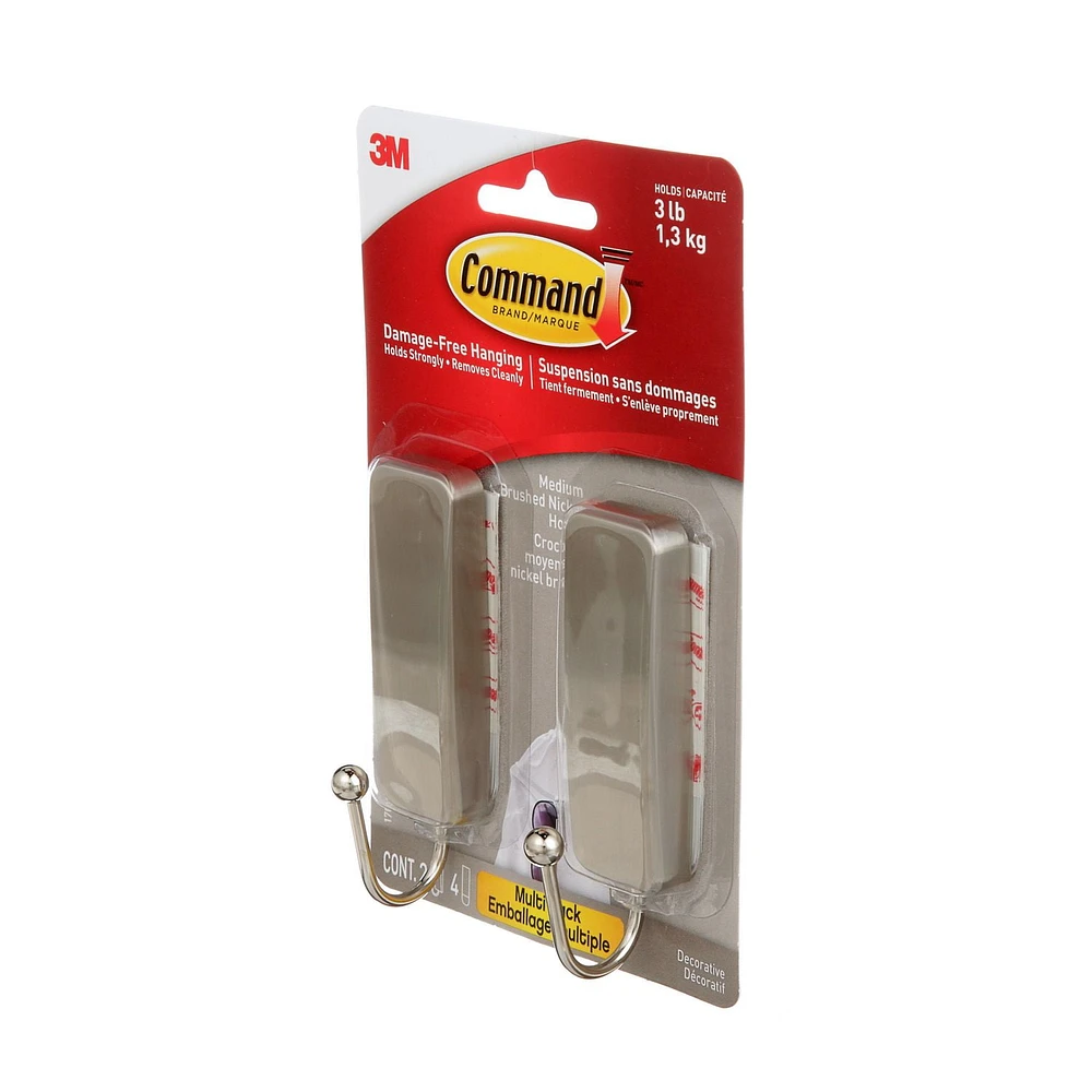 Command™ Hook 17034BN-2EF, Brushed Nickel, 2 Hooks/4 Strips/Pack, Medium