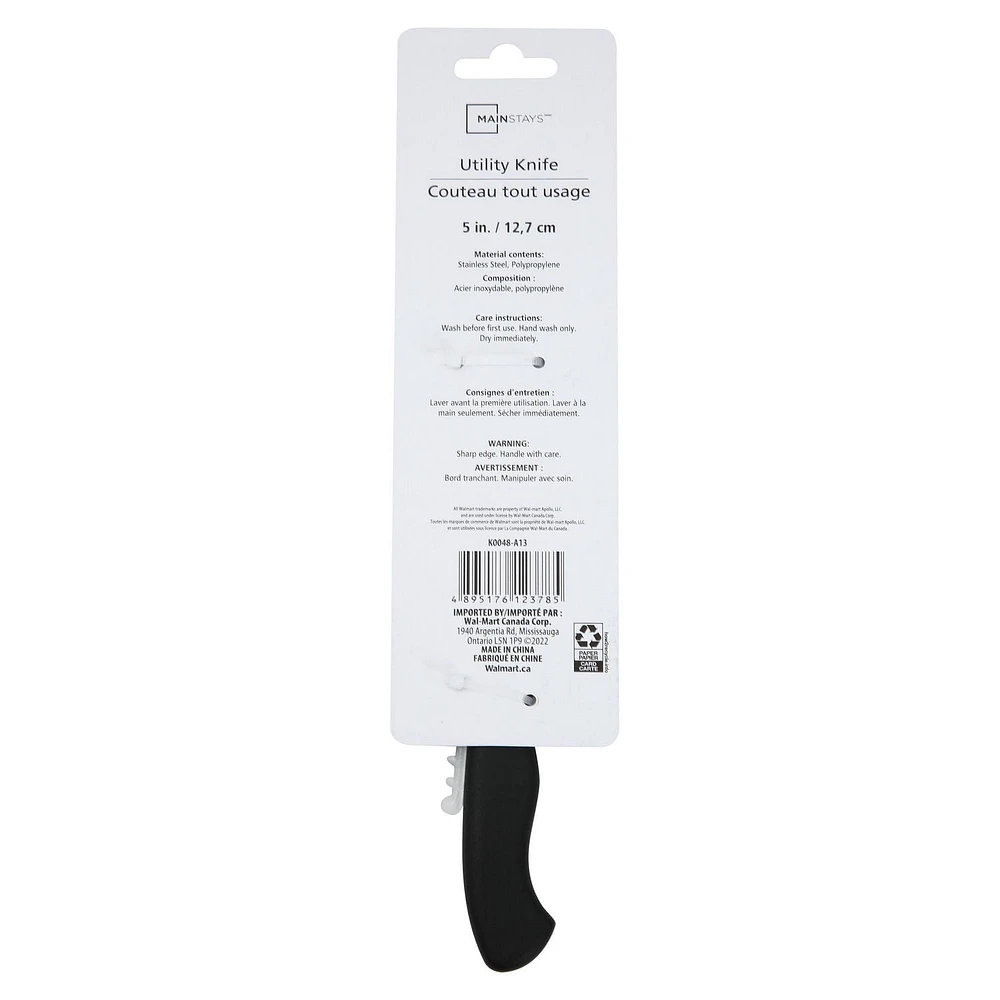 Couteau utilitaire Mainstays de 5 po en acier inoxydable avec manche en plastique noir