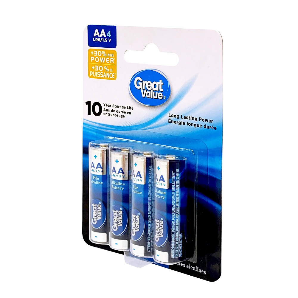 Great Value AA LR6/1.5 V Alkaline Batteries 4-Pack, 10-year storage life, Long lasting power guarantee