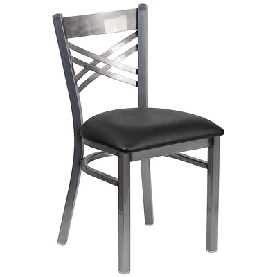 Chaise de restaurant en métal de la série HERCULES avec dossier en croix à enduit lustré - siège en vinyle noir