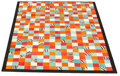 ECARPETGALLERY 4'6" x 6'6" Contemporary Cowhide Patchwork Handmade Area Rug for Living Room, Dining Room and Bedroom in Blue