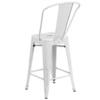 Tabouret à la hauteur de comptoir en métal blanc de 24 pouces de hauteur pour l'intérieur et l'extérieur avec dossier