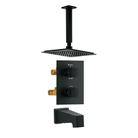 Valve thermostatique carrée 3 fonctions, pommeau, bec de bain ou simultanément, fini noir mat