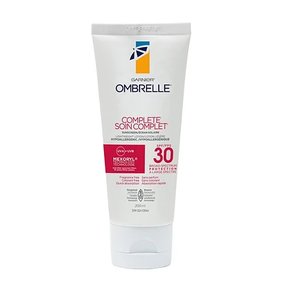 Garnier Ombrelle Écran solaire complet FPS 30, pour le corps et le visage, haute protection, défense avancée contre les UVA/UVB, non gras, résistant à l'eau, hypoallergénique, non comédogène, 200 ml Écran solaire complet FPS 30