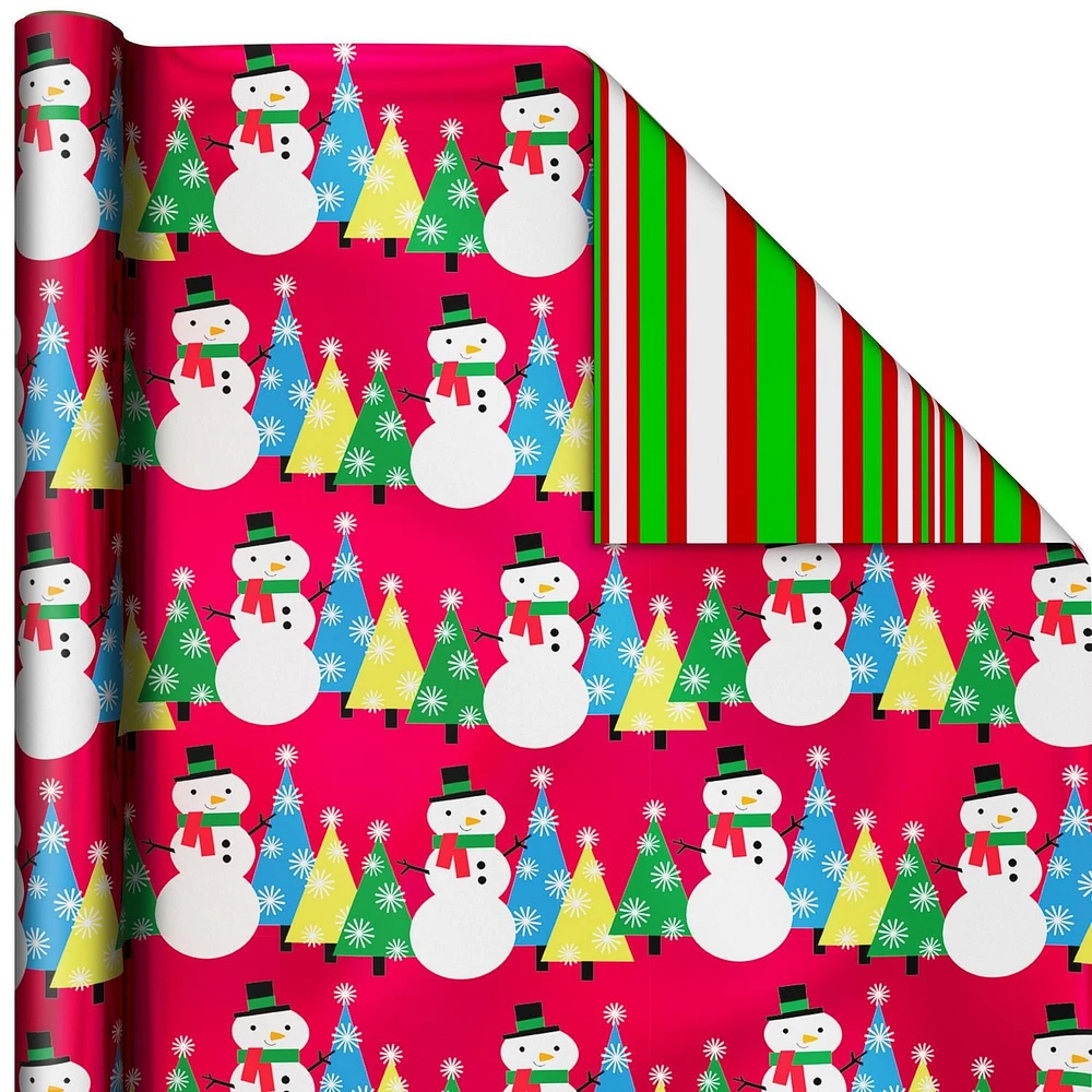Papier d'emballage réversible – Hallmark (Pères Noël, joyeux messages, bonbons, pois, bonshommes de neige, rayures)