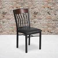 Lot de 2 pièces - Chaise de restaurant de la série Eclipse en métal noir et bois de noyer avec dossier vertical et siège en vinyle noir