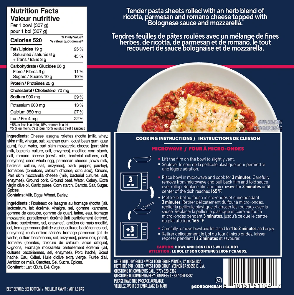 By Chef Ramsay Lasagna with Bolognese Meat Sauce, 10.84 oz Bowl (Frozen), GR Lasagna
