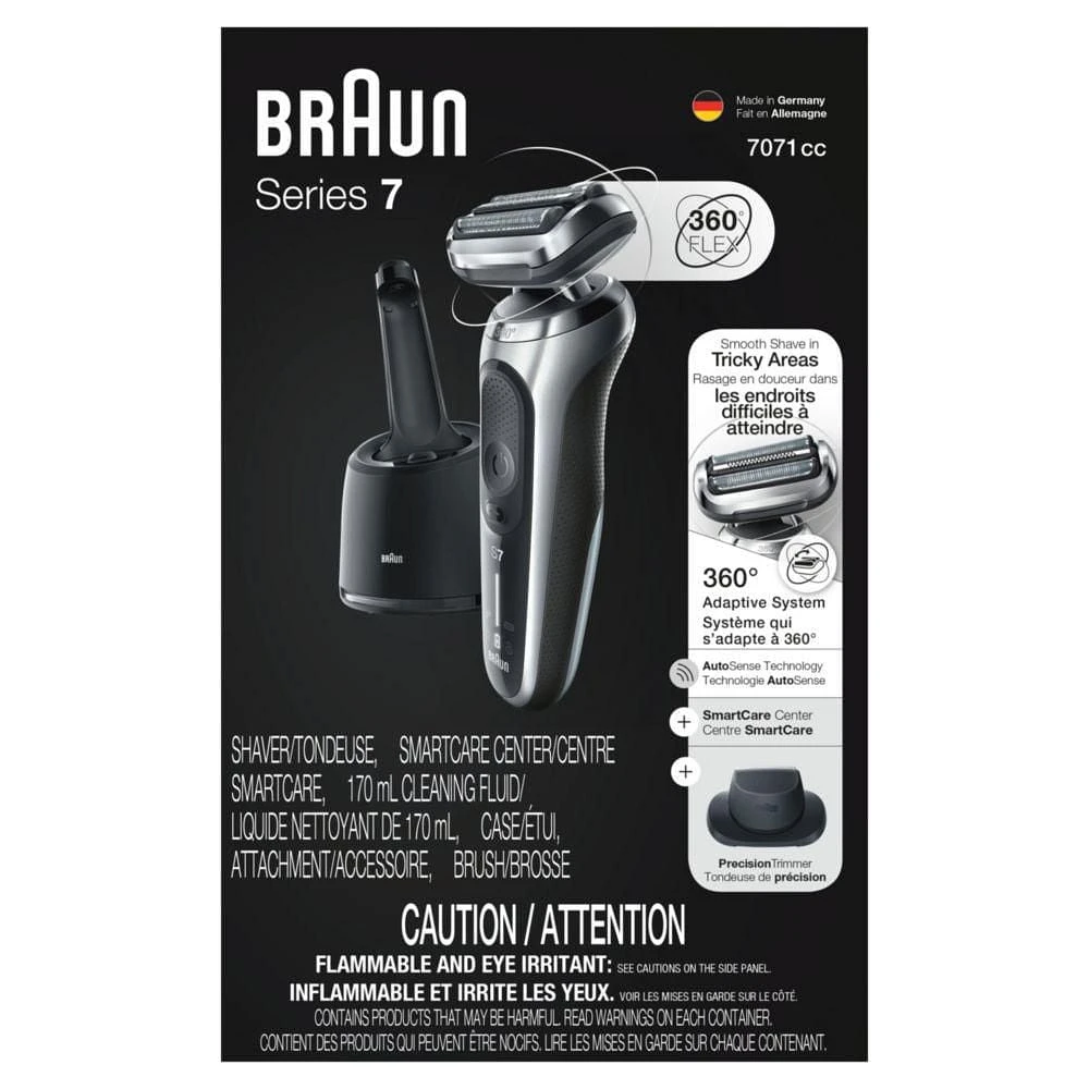 Rasoir rechargable Braun Series 7 7071cc Flex, centre SmartCare, tondeuse de précision Peau sèche et mouillée, rasoir à grille sans cordon, argent