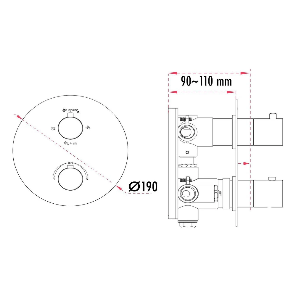 Round thermostatic valve 4-way diverter with 5 settings hand shower, Slip-on 1/2-in. spout or simultaneously and with stop