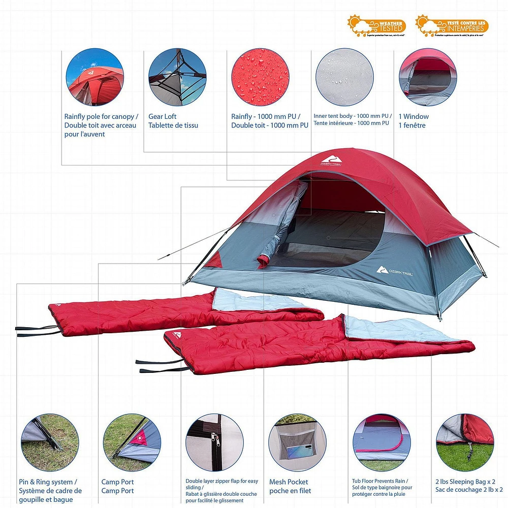 Ozark Trail Combo Camping 3 pièces, 2 sacs de couchage, capacité maximale : 3 personnes, type de produit : tentes dôme dimensions : 7 pi H x 6 pi W x 42 po H