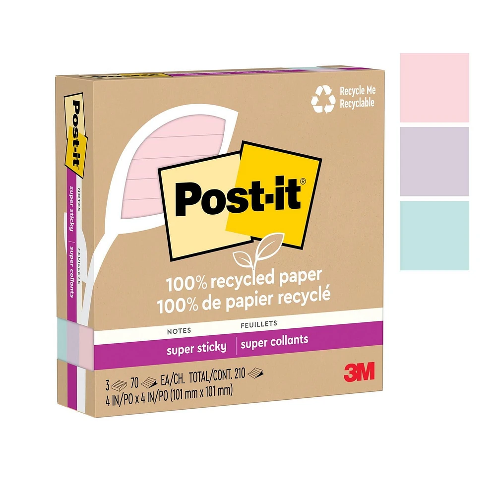 Feuillets super collants 675R-3SSNRP Post-it® entièrement faits de papier recyclé, collection La vie en pastel, lignés, 4 po x 4 po, 3 blocs/paquet, 70 feuillets/bloc Feuillets super collants