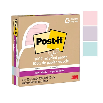 Feuillets super collants 675R-3SSNRP Post-it® entièrement faits de papier recyclé, collection La vie en pastel, lignés, 4 po x 4 po, 3 blocs/paquet, 70 feuillets/bloc Feuillets super collants