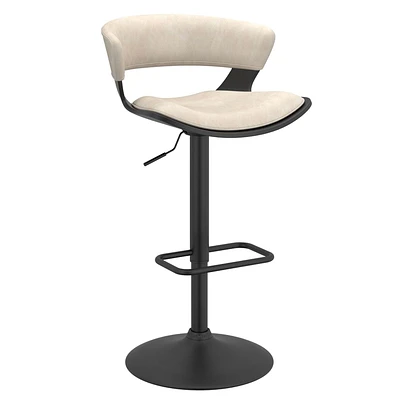 Tabouret pneumatique contemporain réglable en bois et en similicuir – ivoire et noir