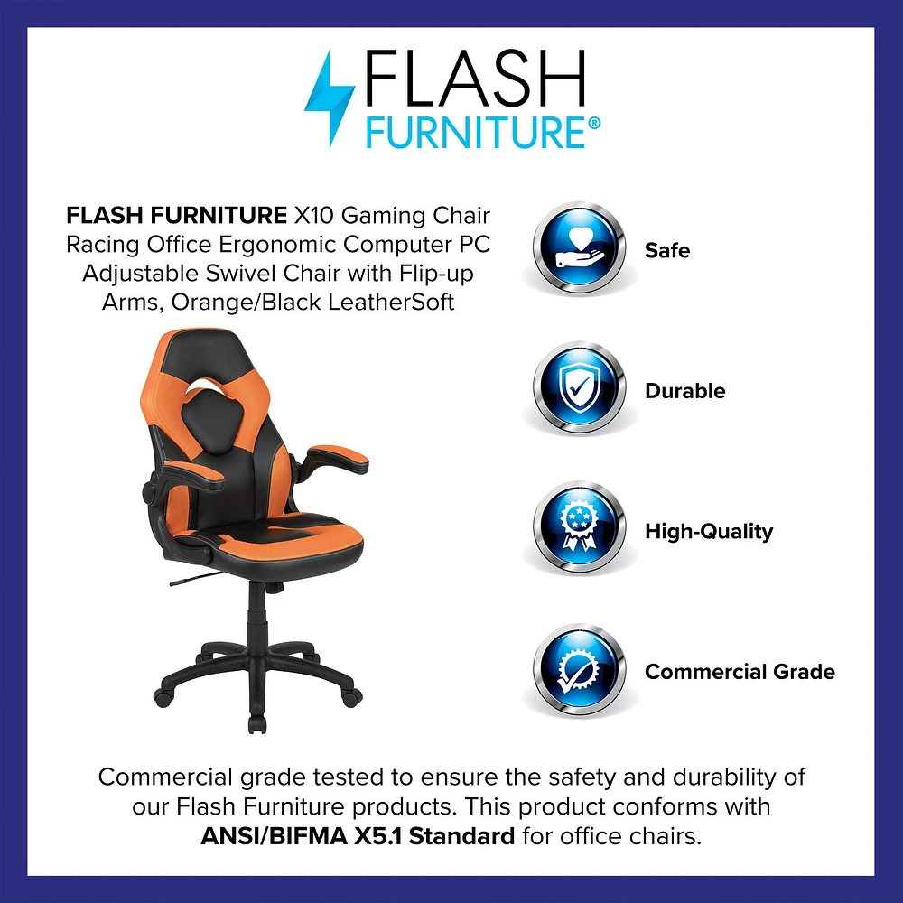 Fauteuil de jeu ergonomique de style course LeatherSoft à dossier haut,  avec appui-bras rabattables, orange / noir