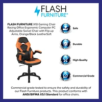 Fauteuil de jeu ergonomique de style course LeatherSoft à dossier haut,  avec appui-bras rabattables, orange / noir