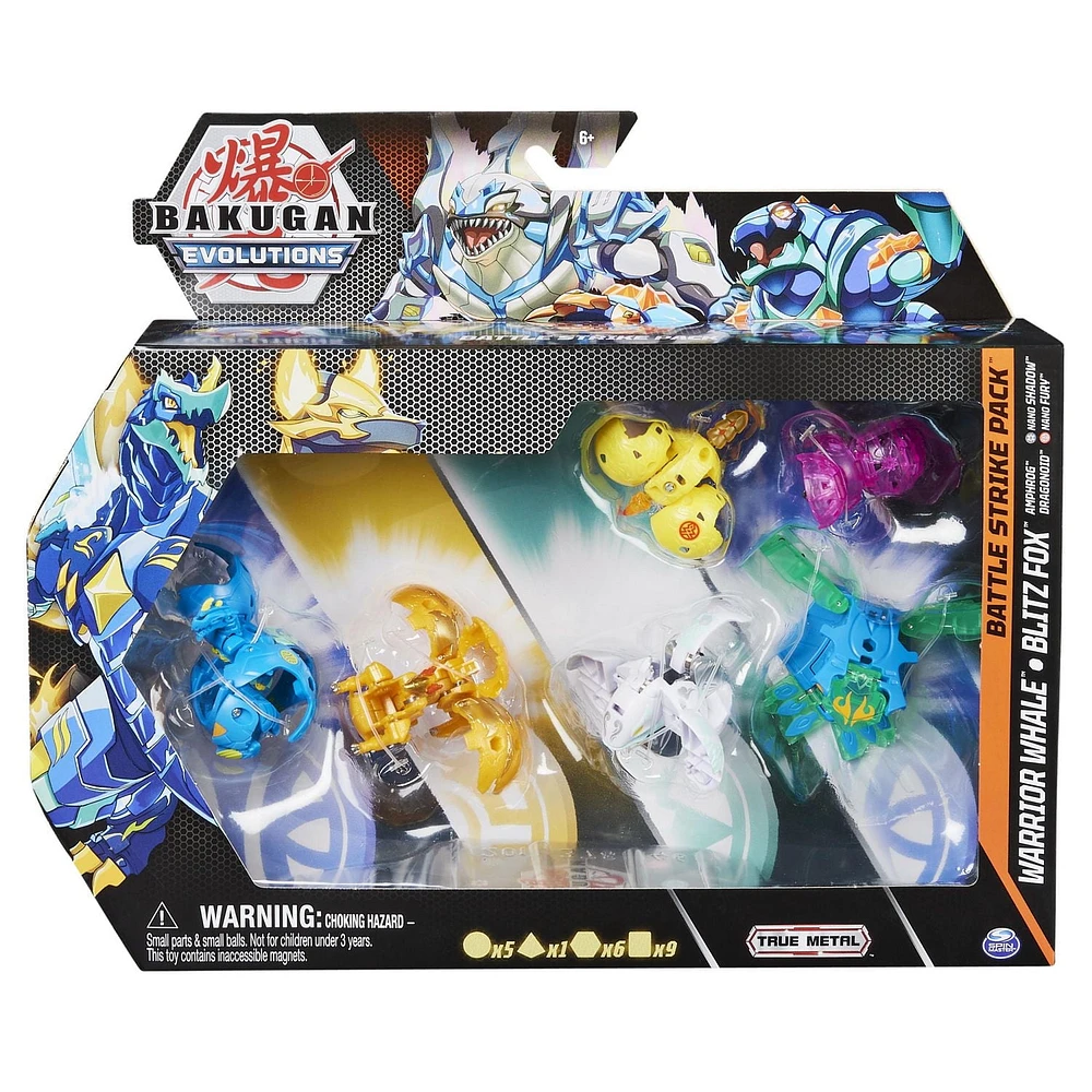 Bakugan Evolutions, Coffret Battle Strike Warrior Whale et Blitz Fox, 6 figurines articulées Bakugan, 9 cartes à collectionner et 8 BakuCores, jouets pour garçons à partir de 6 ans