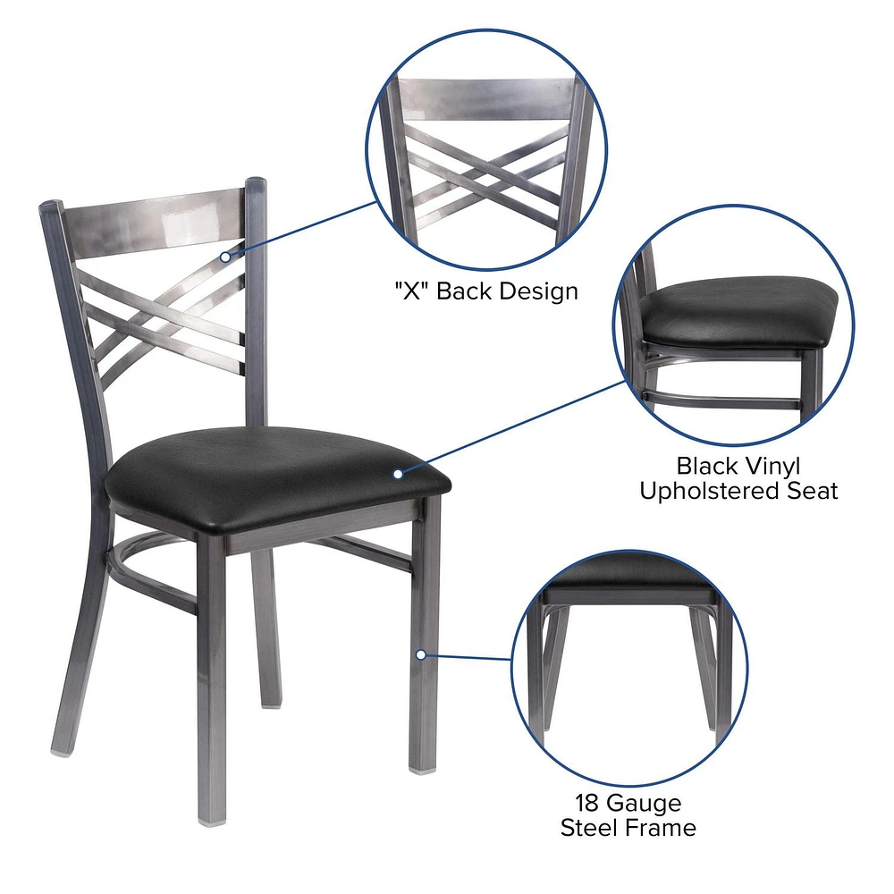 HERCULES Series Clear Coated ''X'' Back Metal Restaurant Chair - Black Vinyl Seat
