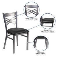 HERCULES Series Clear Coated ''X'' Back Metal Restaurant Chair - Black Vinyl Seat