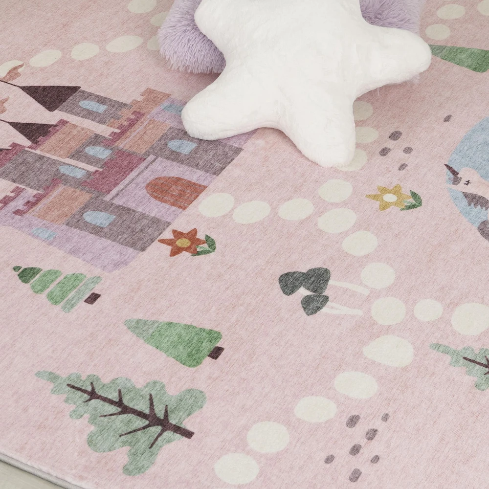 Rug Branch Soft Steps Playtime Unicorns, Castle, Road Map, Educational Soft Area Rug, Pink White - Boys & Girls in Playroom, Nursery, Bedroom<br>