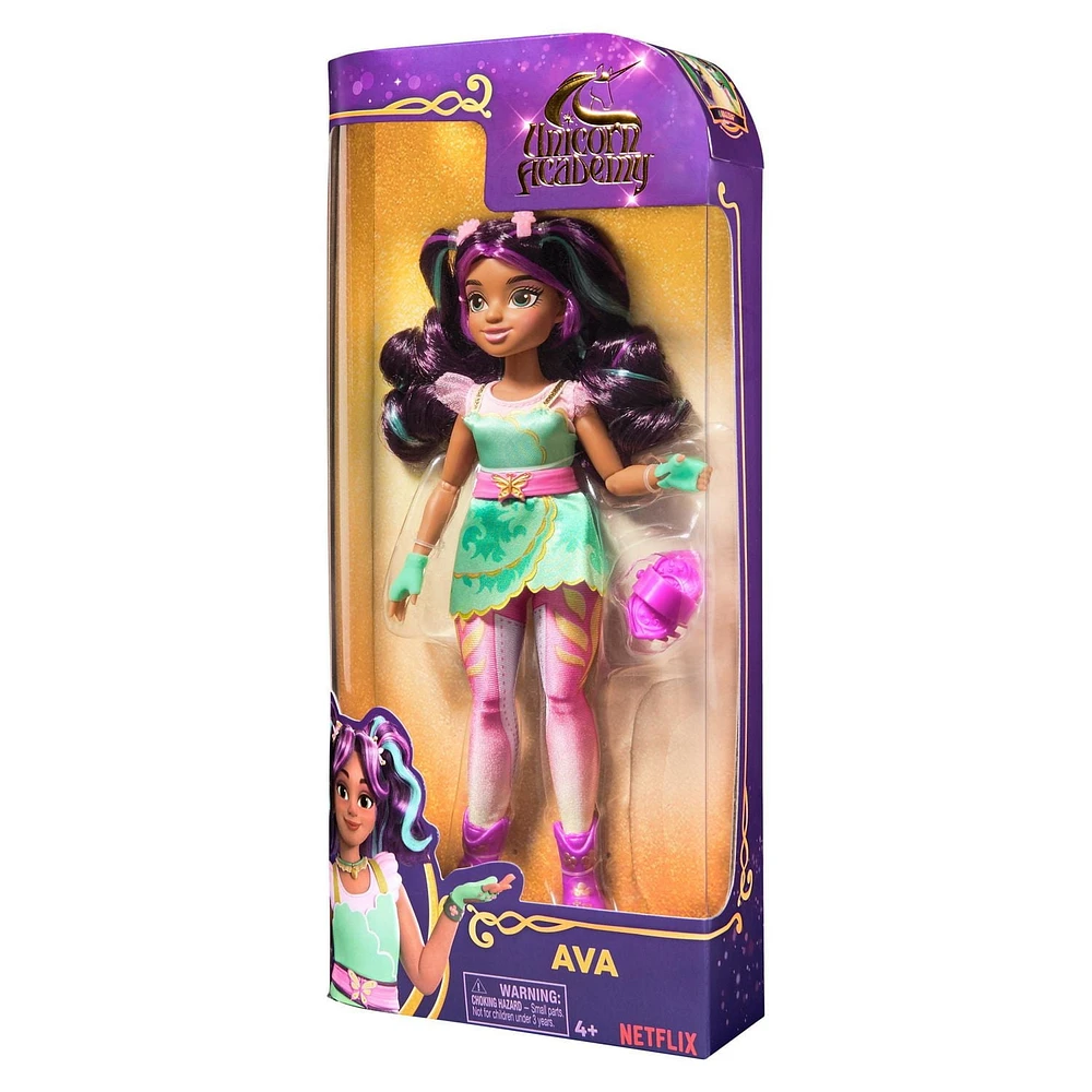 Unicorn Academy, Poupée Ava avec cheveux méchés, 7 accessoires et un accessoire de coiffure, 24 cm, poupées et licornes pour filles à partir de 4 ans