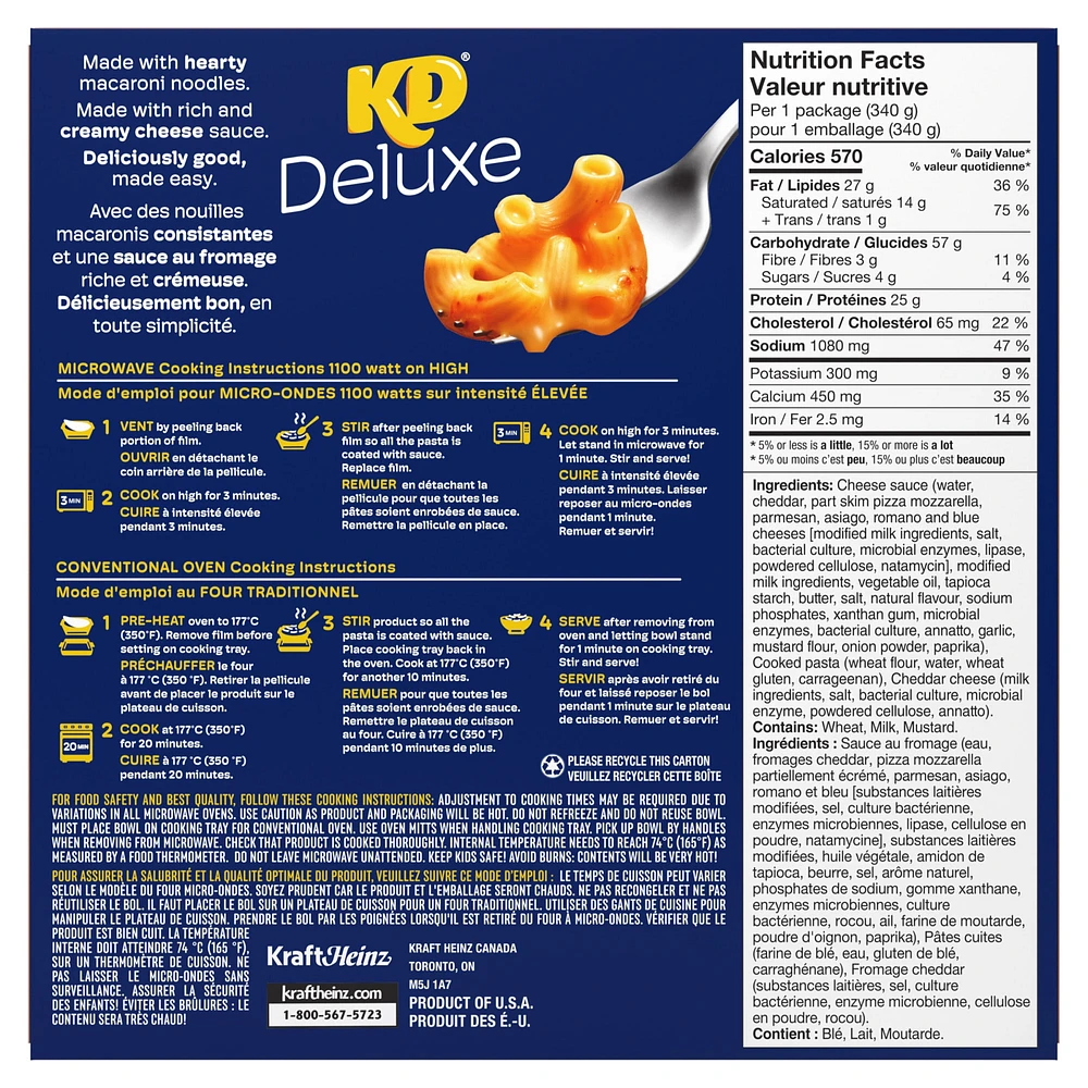 KD Deluxe Four Cheese Macaroni and Cheese Frozen Dinner, 340g Box, 340g