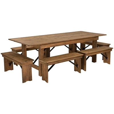 Ensemble de table de campagne pliante rustique antique de 8 pi x 40 po de la série HERCULES et 6 bancs