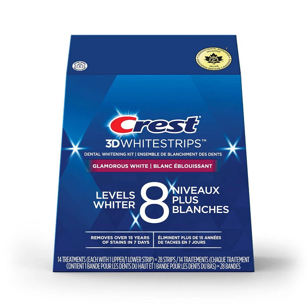 Crest 3D Whitestrips Glamorous White At-home Teeth Whitening Kit, 8 Levels Whiter, 14 Treatments