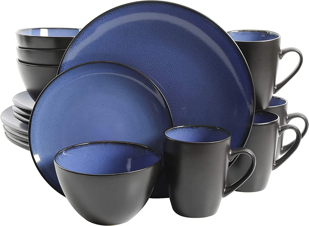 Gibson Home – Vaisselle en grès Soho Round, 16 pièces, bleu et noir