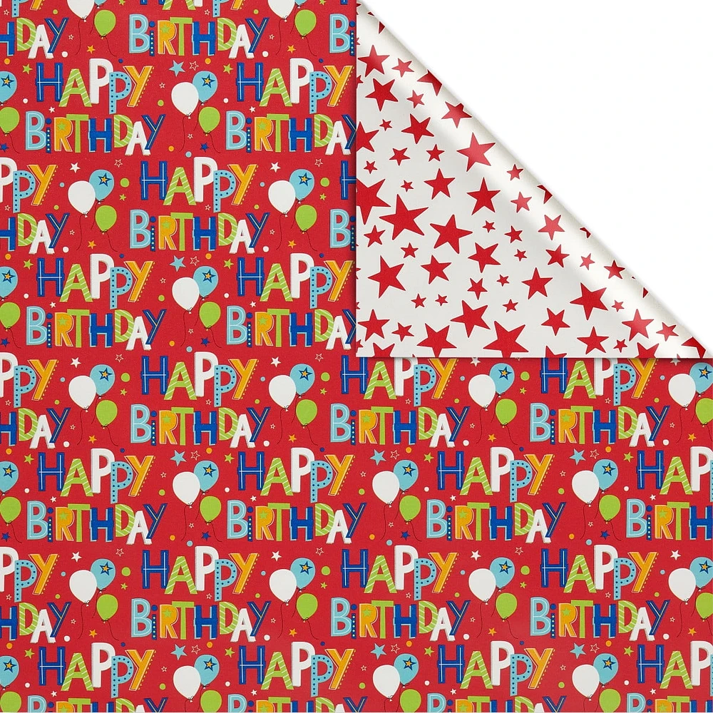 American Greetings Reversible Wrapping Paper, Happy Birthday Lettering and Stars (1 Jumbo Roll, 175 sq. ft.)