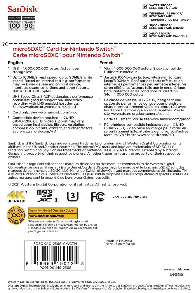 Carte SanDiskMD microSDXCMC pour Nintendo SwitchMC de 256 Go – SQXAO256GCWCZN