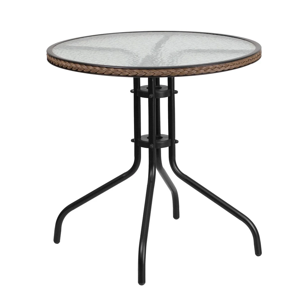 Table ronde de 28 po en métal et verre trempé avec bordure en rotin noir