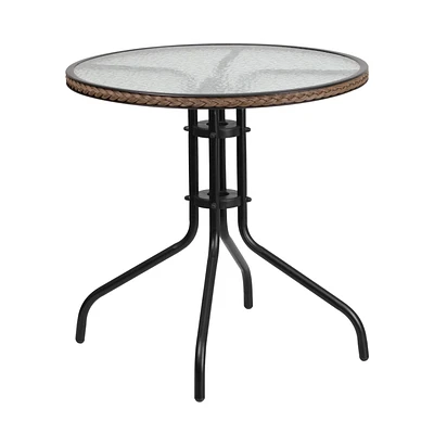 Table ronde de 28 po en métal et verre trempé avec bordure en rotin noir