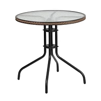 Table ronde de 28 po en métal et verre trempé avec bordure en rotin noir