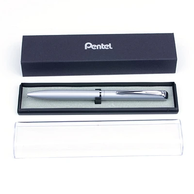 Pentel EnerGel Rétractable Stylo à Encre Gel, Barillet Argent Métal, Encre Noir, 0,7mm, Boîte à Cadeau