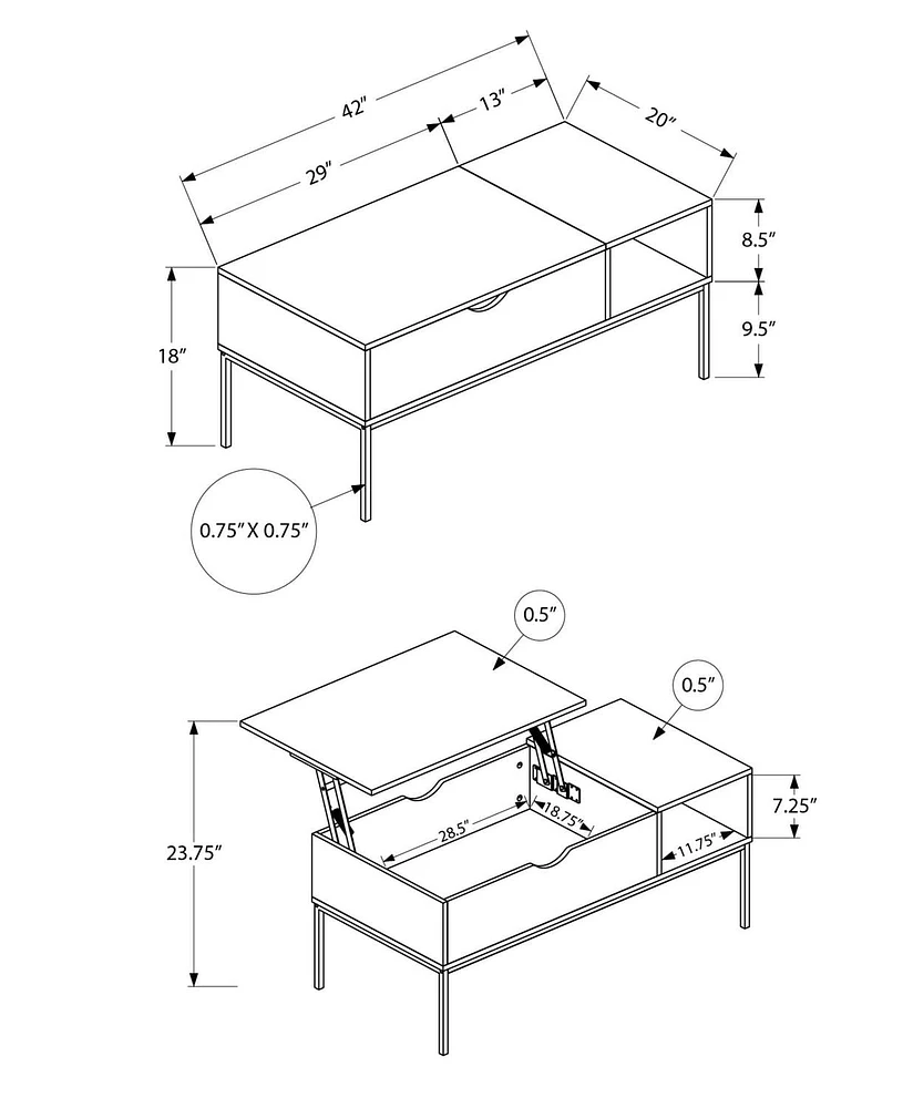 Monarch Specialties  Table Basse, 42" L, Rectangulaire, Cocktail, Toit Relevable, Gris, Métal Noir, Contemporain, Moderne