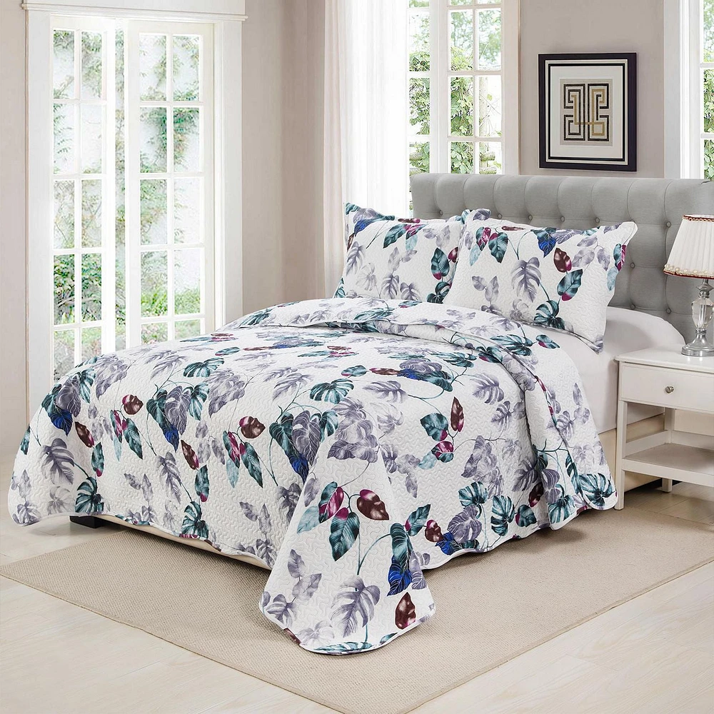 Marina Décoration Literie ultra douce avec couvre-lit et taies d'oreiller, motif de feuilles vertes modernes