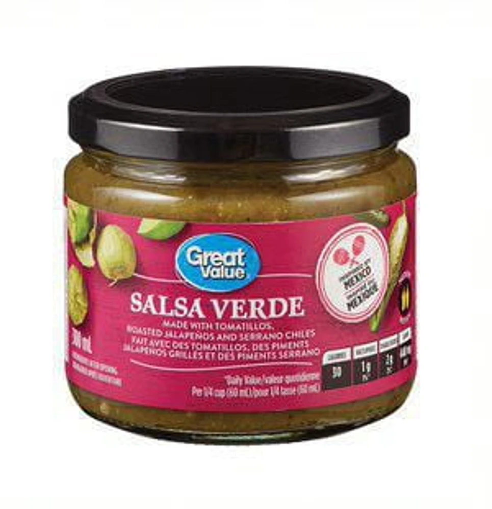 Great Value Salsa Verde - Inspired by Mexico - Made with tomatillos, Roasted jalapeños and serrano chiles, 300 mL