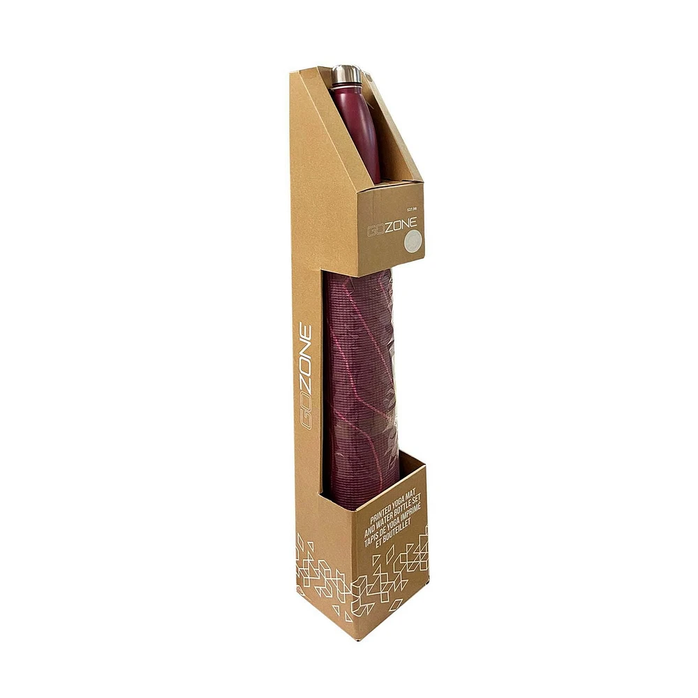 Tapis de yoga imprimé de 5 mm GoZone avec bouteille d’eau de couleur unie – Combinaison vagues - rouge bordeaux