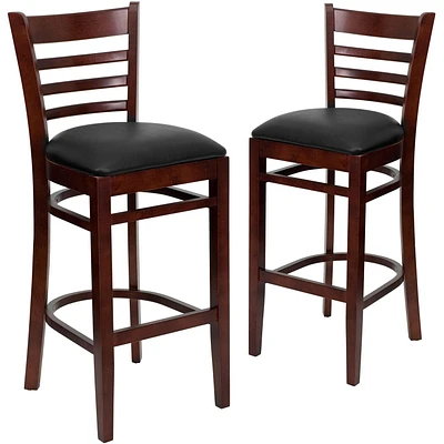 2 Pk. HERCULES Series Ladder Back Mahogany Wood Restaurant Barstool - Black Vinyl Seat
